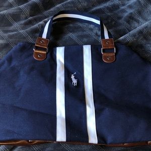 blue and white polo duffel